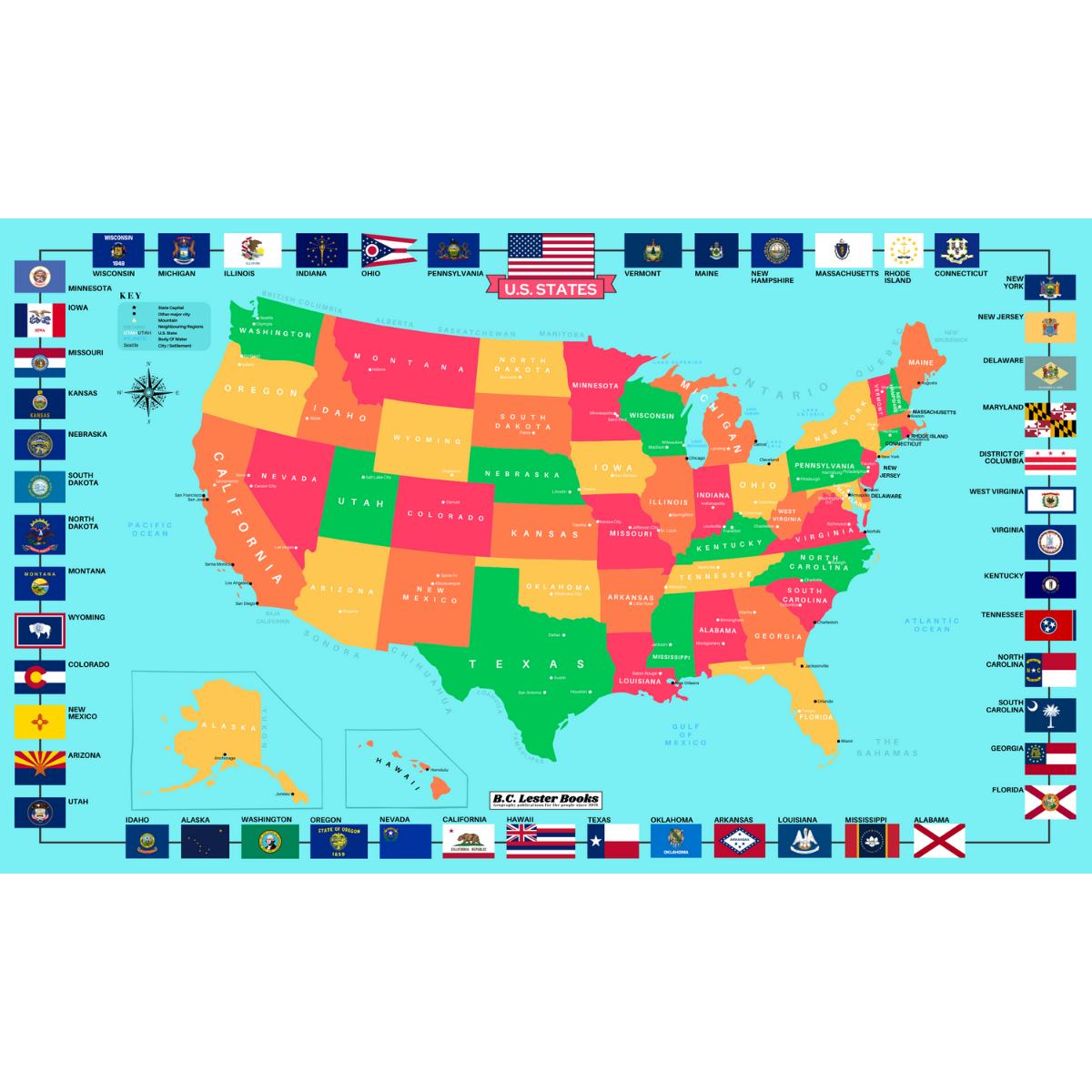 Detailed U.S. Map With State Flags Poster - B.C. Lester Books