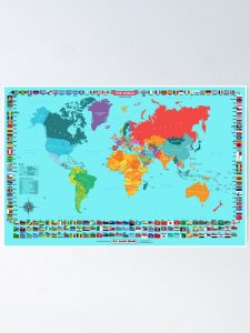 Detailed World Map With Country Flags Poster